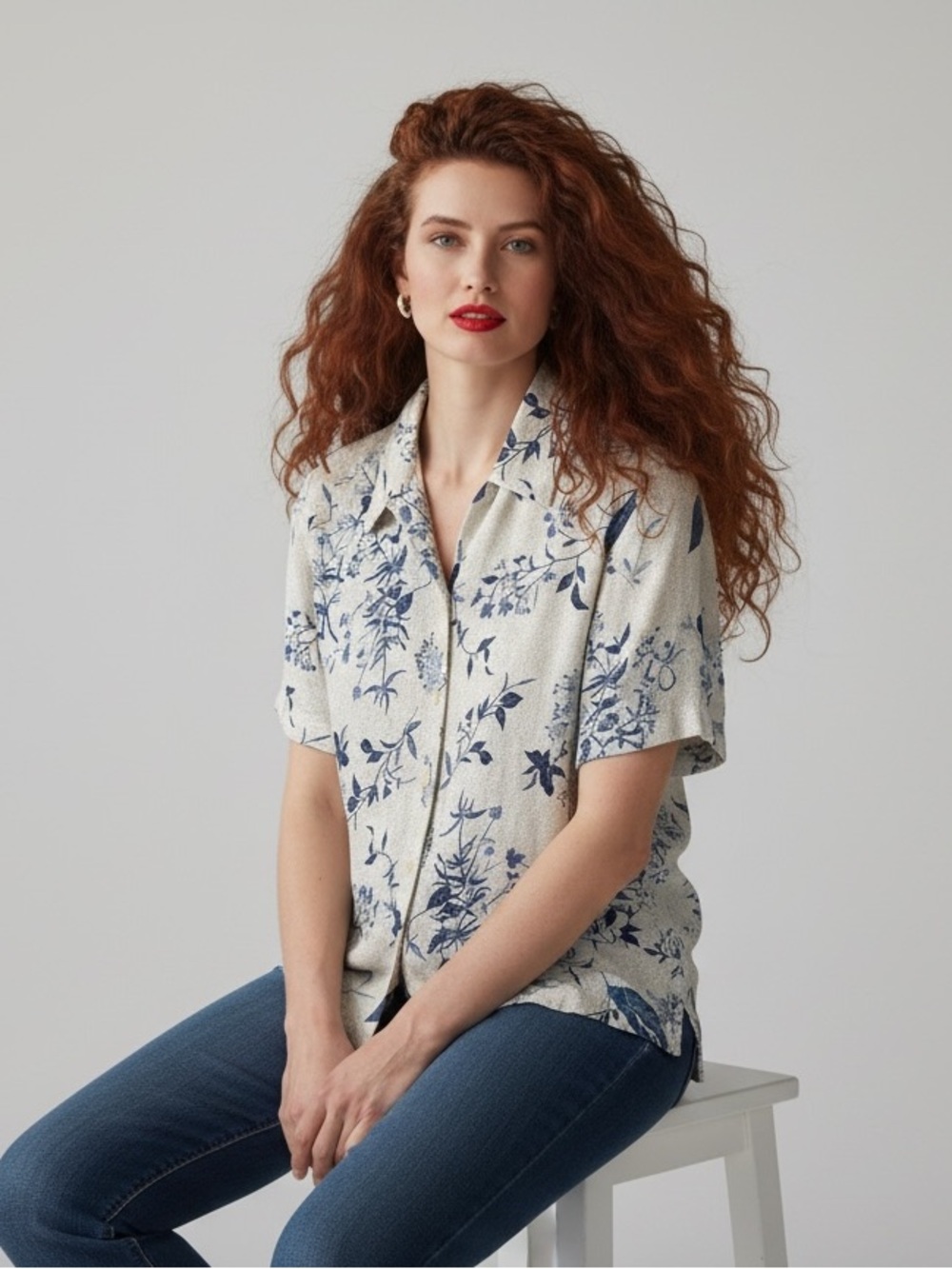 Vintage LINDOR Blue Botanical Floral Button Down Linen Blend Blouse Size M